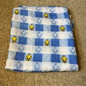Vintage 1998 Warner Bros Tweety Bird Blue Checkered Flat Sheet Full Size 90s